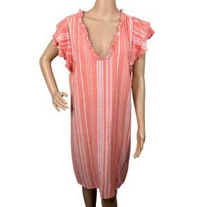 Vineyard Vines Linen Blend Stripe Shift Dress XL Orange White Flutter Sleeve